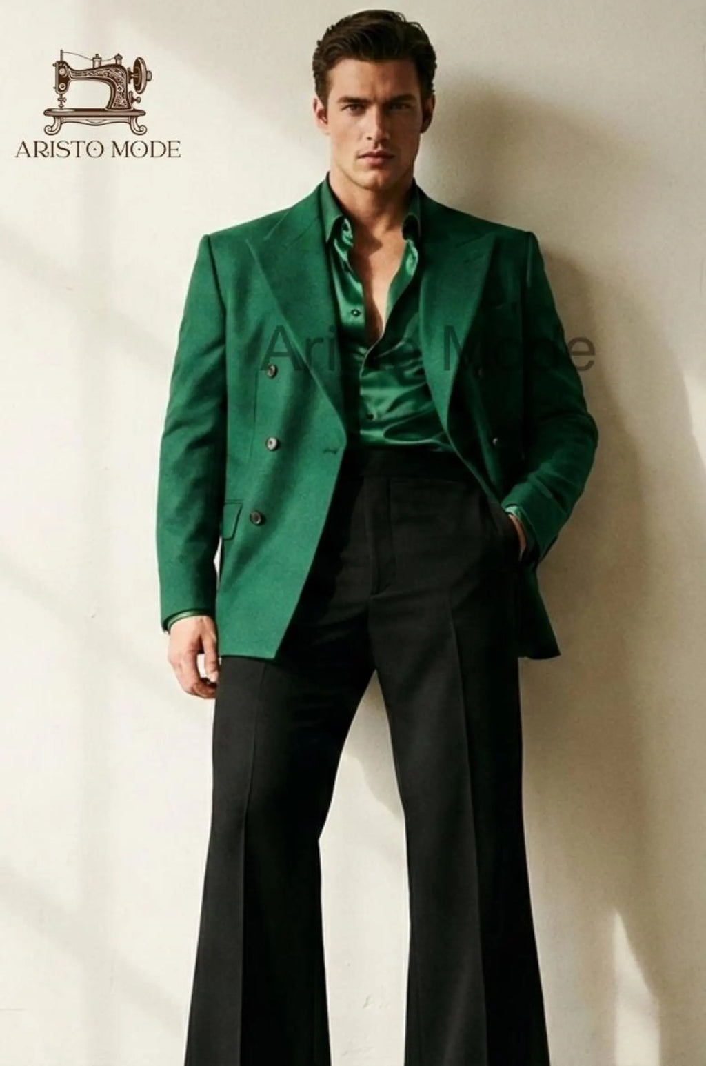 Men’s Emerald Green Double Breasted Blazer -Black Flared Trousers