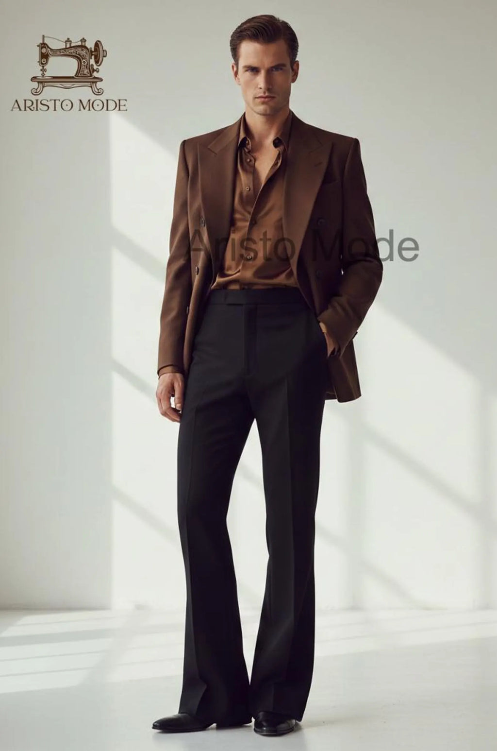 Brown Double-Breasted Blazer with Black Tailored Trousers | Vintage Men's Tailored Outfit