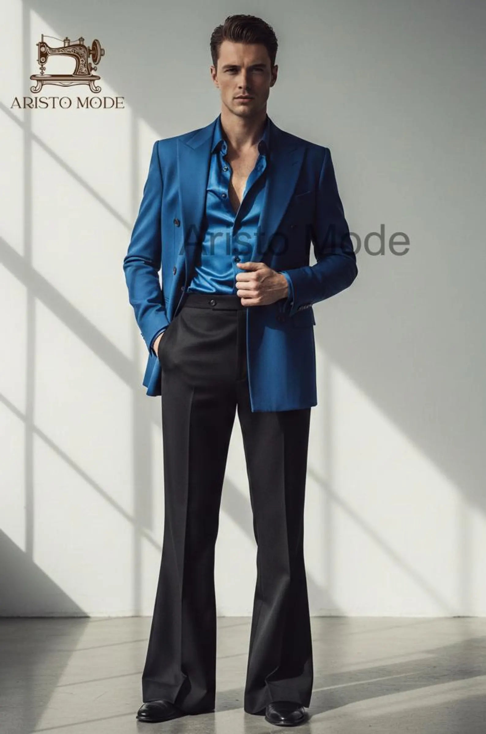 Men’s Blue Double Breasted Blazer |  Black Flared Trousers