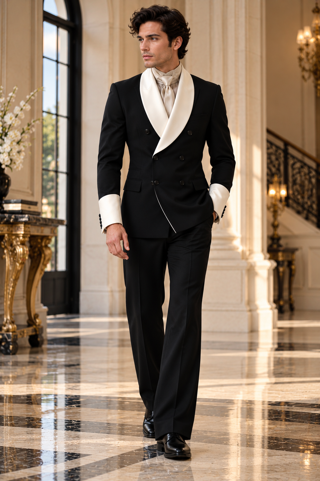 Men's Black Tuxedo Suit, Ivory Shawl Lapel