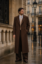 Brown Pinstripe Overcoat for Men | 1920s Double Breasted Long Coat