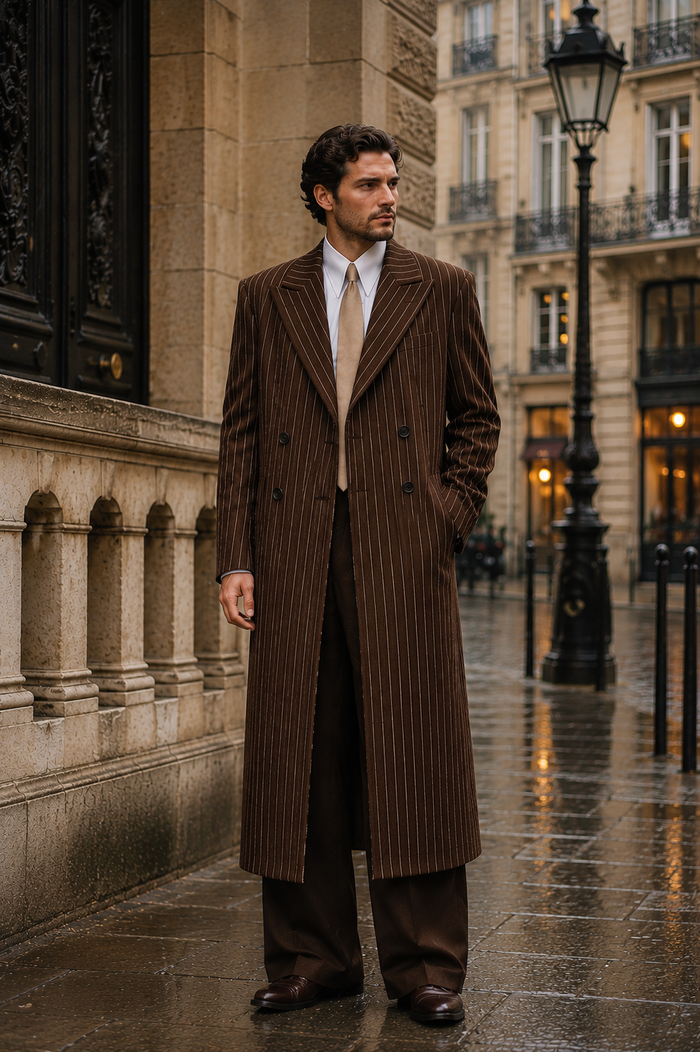 Brown Pinstripe Overcoat for Men | 1920s Double Breasted Long Coat