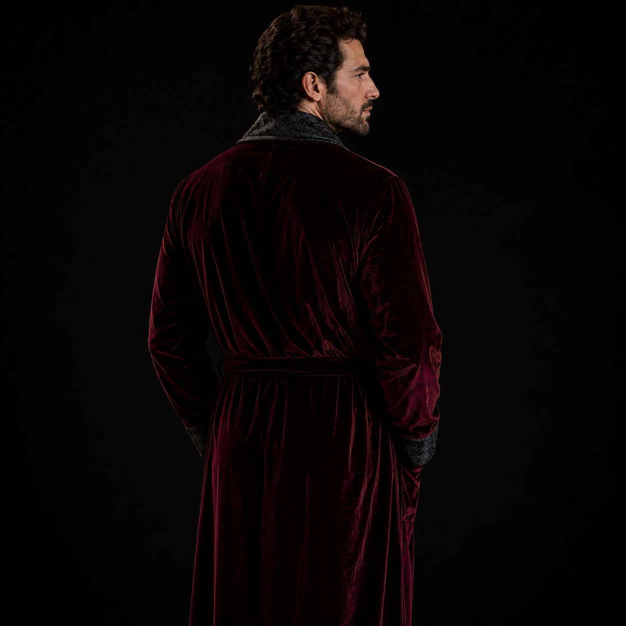 Men’s Burgundy Velvet Smoking Robe – Handmade Dressing Gown with Black Shawl Collar