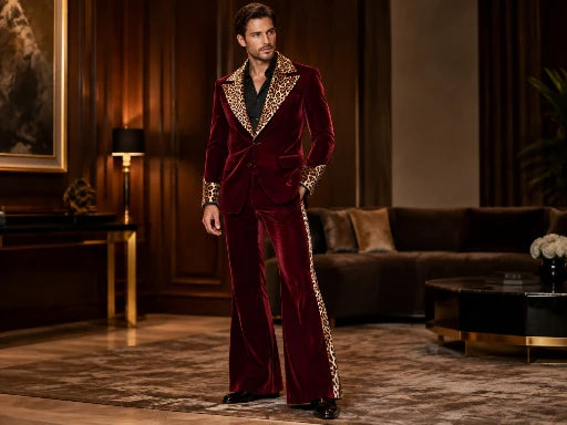 Burgundy 70s Velvet Suit with Leopard Lapel