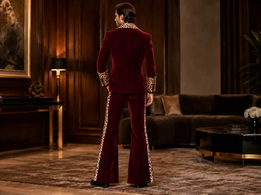 Burgundy 70s Velvet Suit with Leopard Lapel