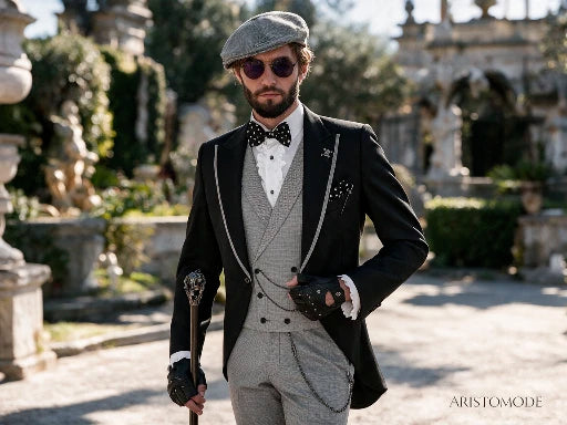 Black Gothic Tailored Slim Fit Morning Suit with Houndstooth Lapels