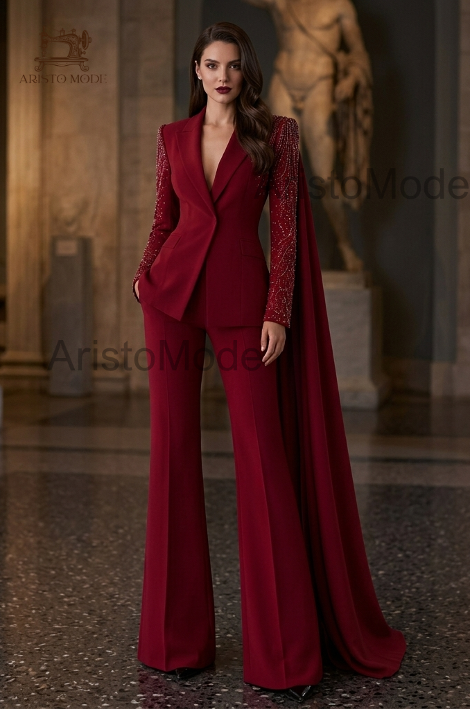 Red Women’s Wedding Suit Set, Crystal Embellished Bridal Pantsuit,