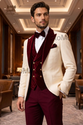 Ivory & Burgundy Velvet Tuxedo Suit for Men
