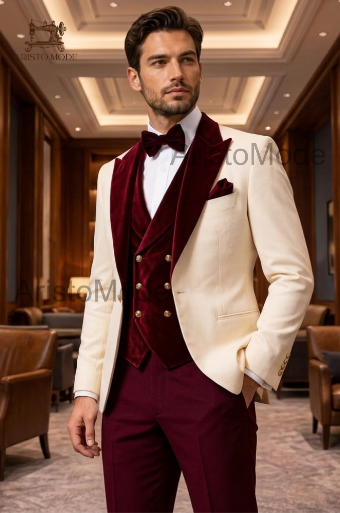 Ivory & Burgundy Velvet Tuxedo Suit for Men