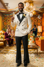 70s Style Ivory Double Breasted Tuxedo for Men | Flared Wide Leg Suit