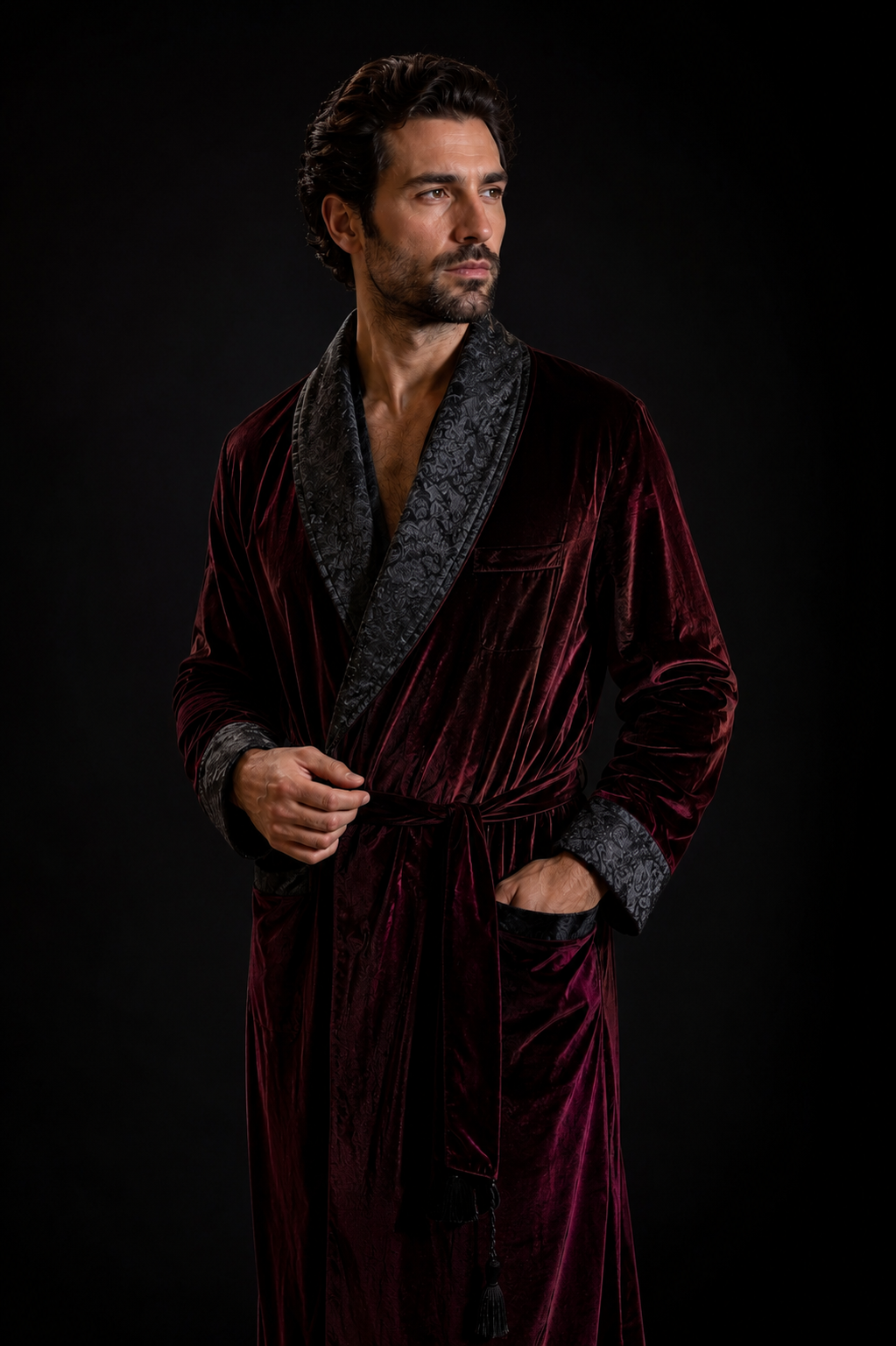 Men’s Burgundy Velvet Smoking Robe – Handmade Dressing Gown with Black Shawl Collar