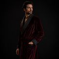Men’s Burgundy Velvet Smoking Robe – Handmade Dressing Gown with Black Shawl Collar