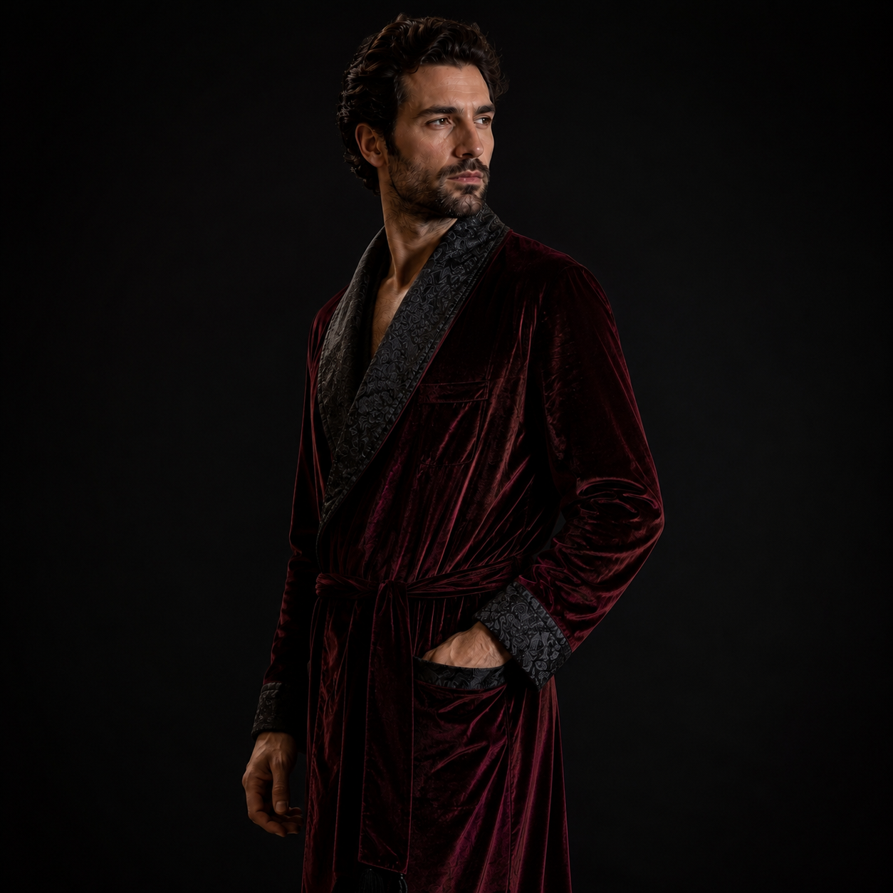 Men’s Burgundy Velvet Smoking Robe – Handmade Dressing Gown with Black Shawl Collar