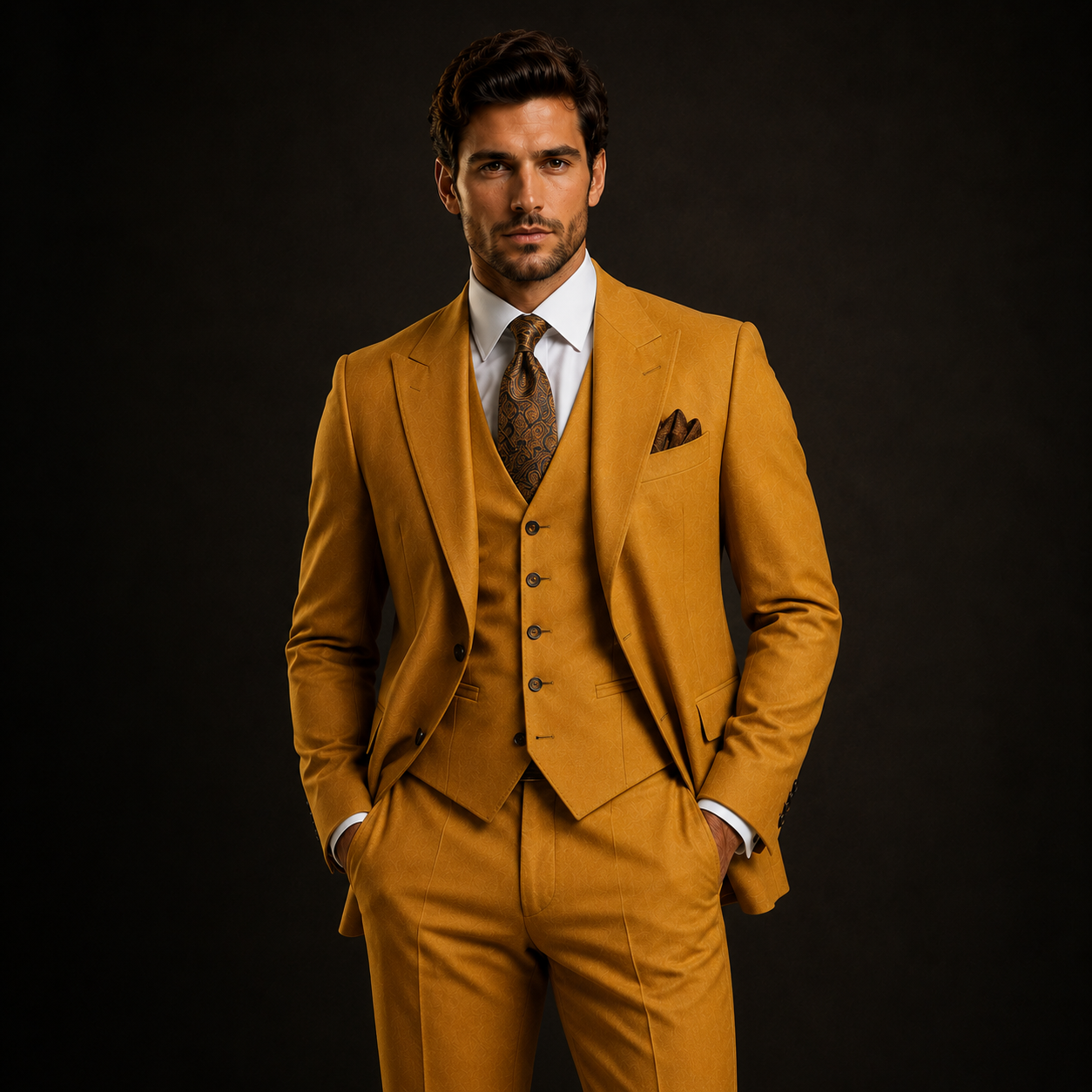 Mustard Yellow Men's 3-Pieice suit - Vintage Wedding Groom Suit