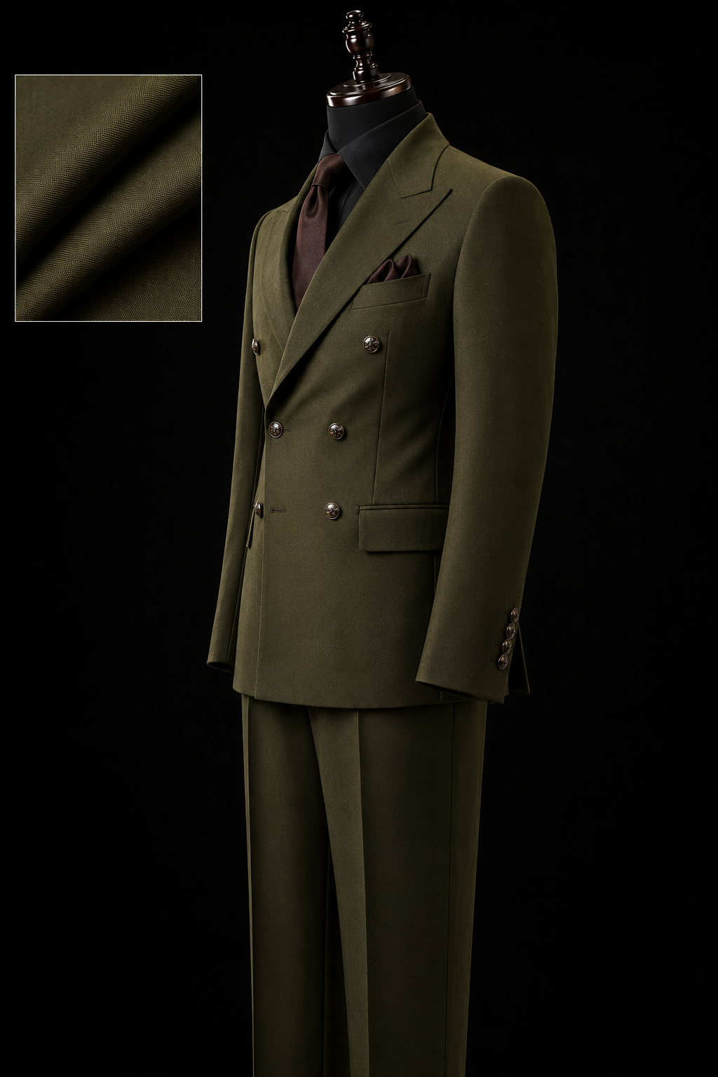 Olive Green Double Breasted Suit Inspired By Iconic 1970s Tailoring