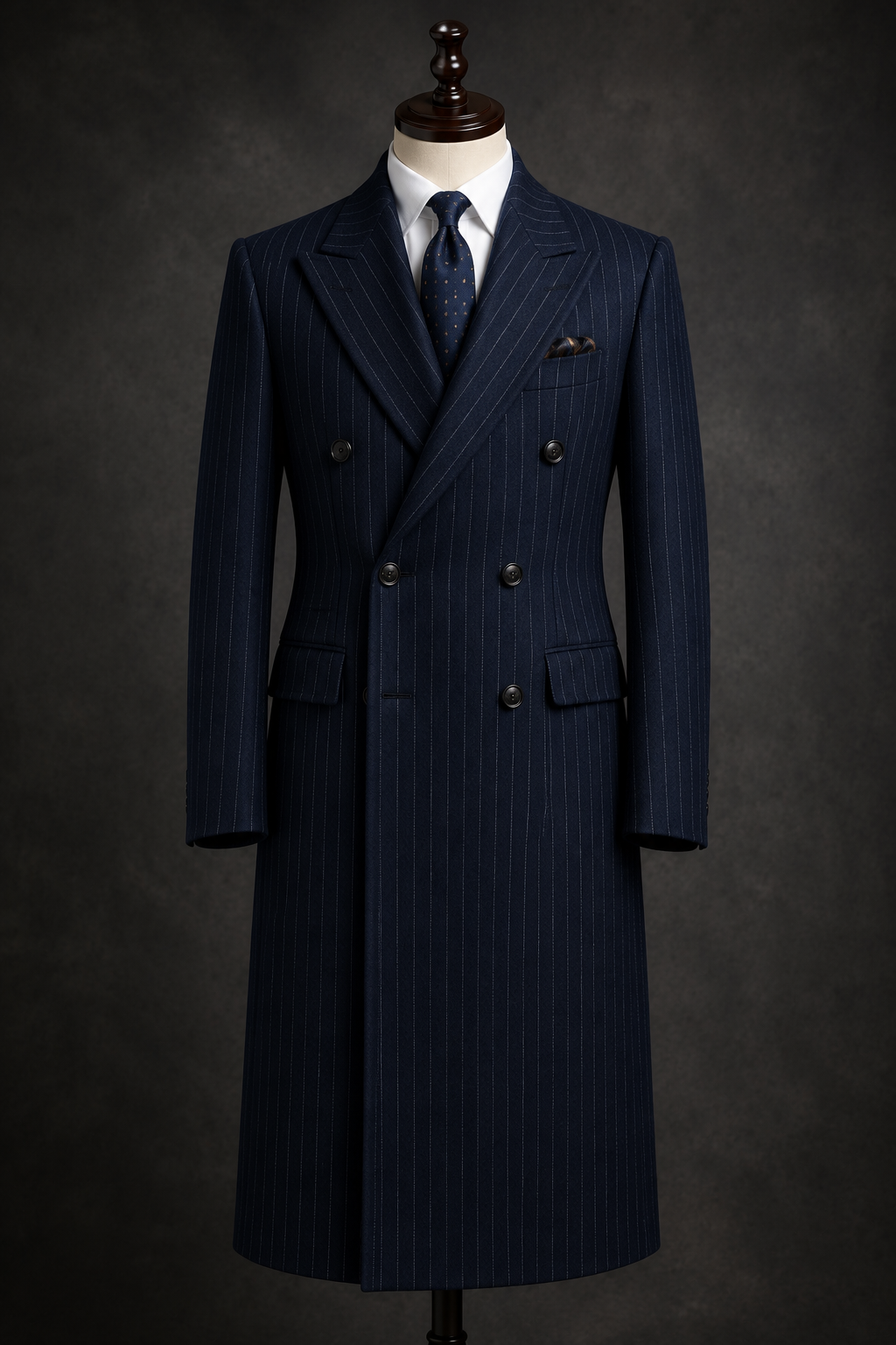 Navy Blue 1920s Pinstripe Double-Breasted Long Overcoat for Men | Handmade by Aristo Mode
