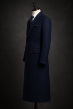 Navy Blue 1920s Pinstripe Double-Breasted Long Overcoat for Men | Handmade by Aristo Mode