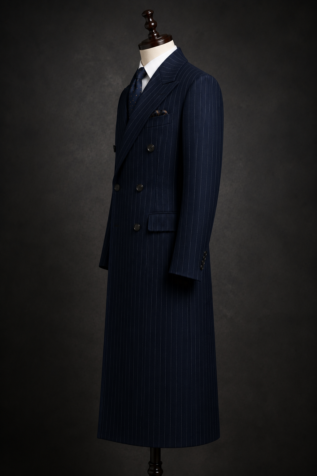 Navy Blue 1920s Pinstripe Double-Breasted Long Overcoat for Men | Handmade by Aristo Mode