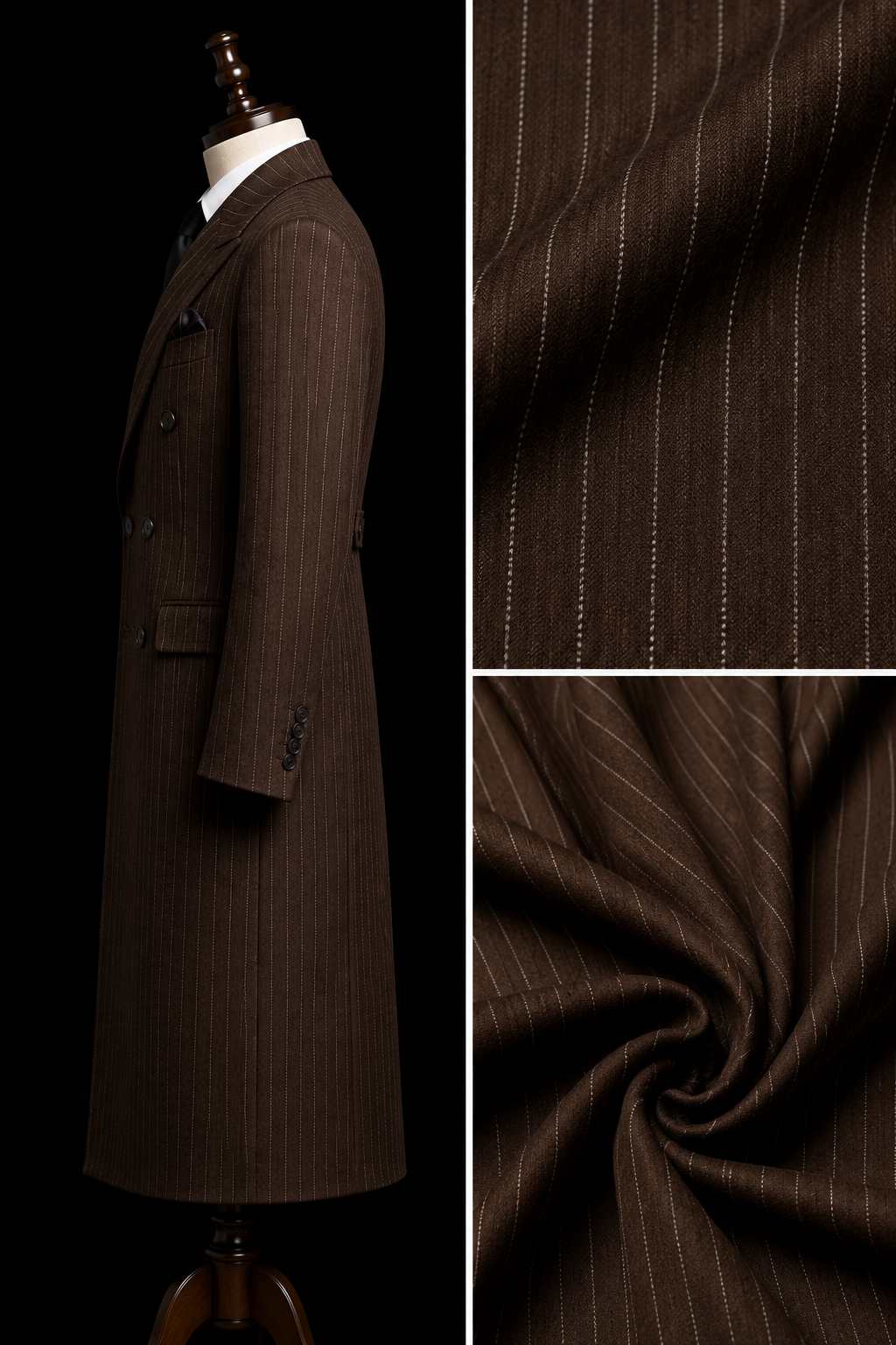Brown 1920s Pinstripe Double Breasted Long Overcoat for Men – Handmade by Aristo Mode