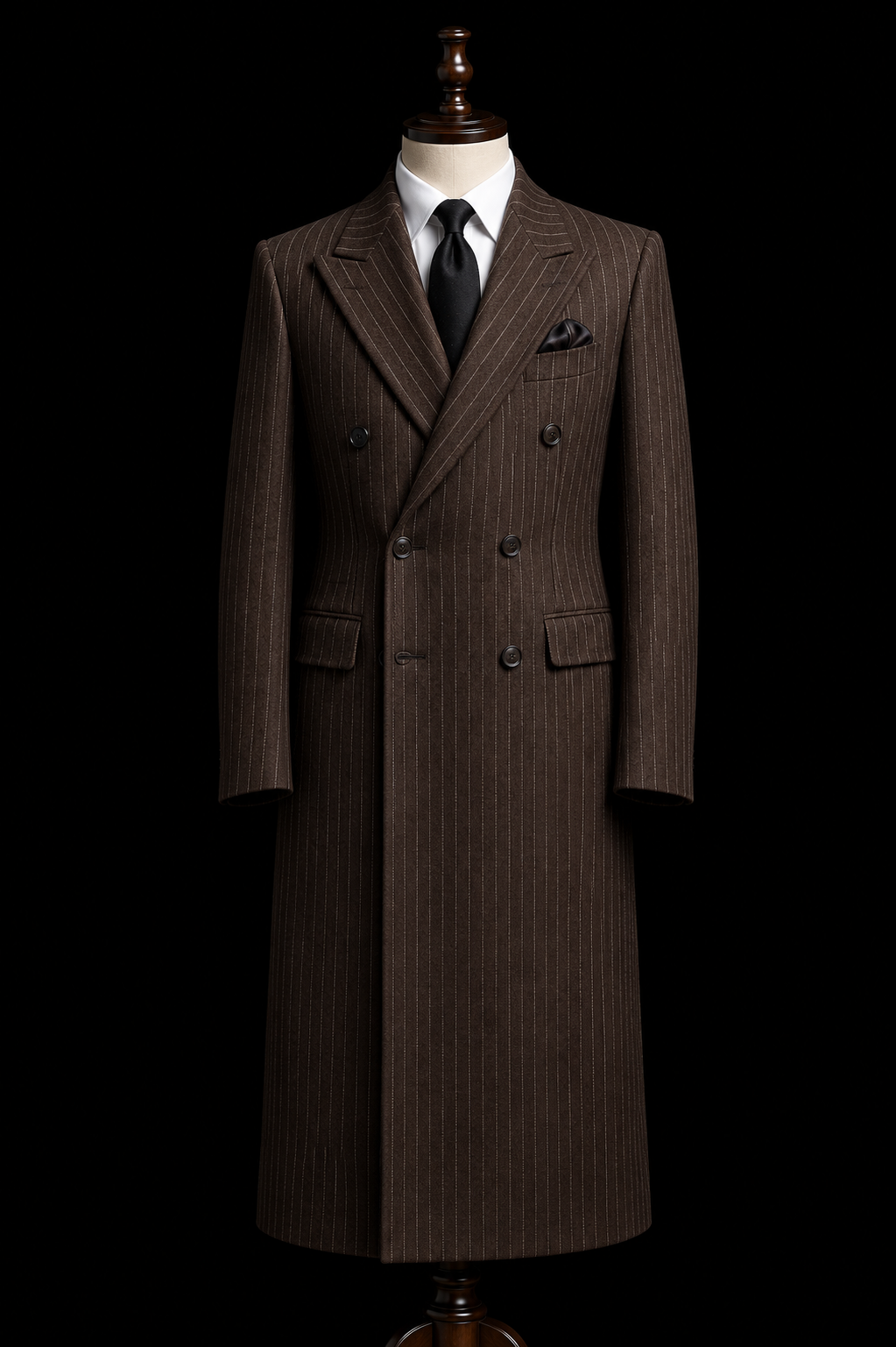 Brown 1920s Pinstripe Double Breasted Long Overcoat for Men – Handmade by Aristo Mode