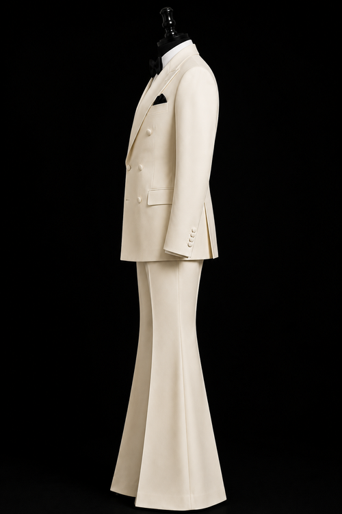 70s Style Ivory Double Breasted Tuxedo for Men | Flared Wide Leg Suit