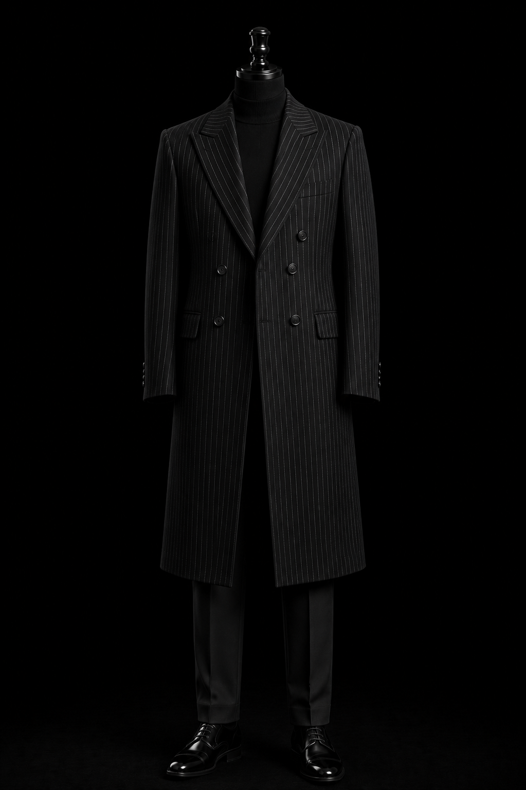 Black Pinstripe Long Overcoat with Black Trouser - Men’s Formal Black Overcoat