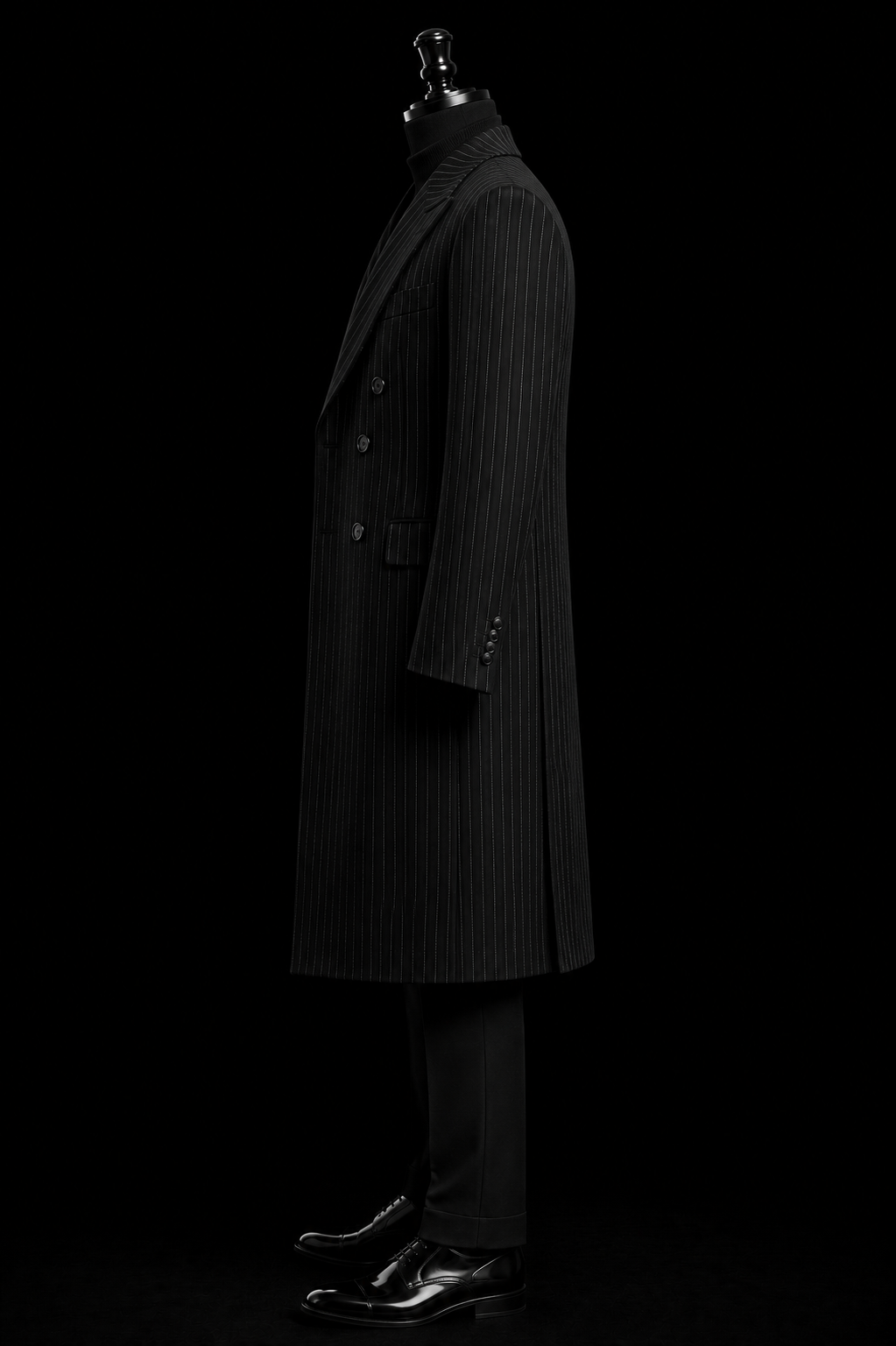Black Pinstripe Long Overcoat with Black Trouser - Men’s Formal Black Overcoat