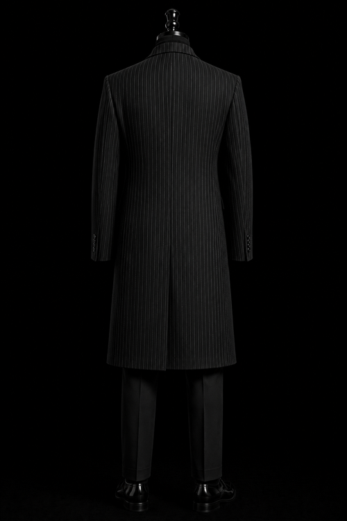 Black Pinstripe Long Overcoat with Black Trouser - Men’s Formal Black Overcoat
