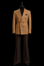 Camel toned double-breasted blazer paired with deep brown flared trouser