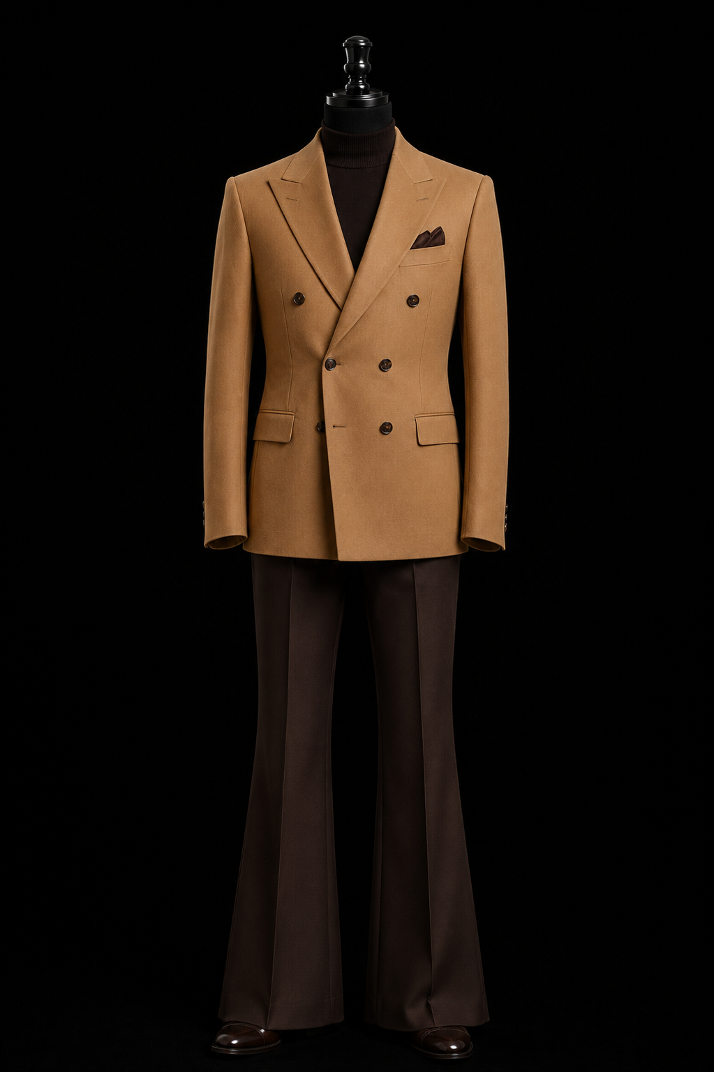 Camel toned double-breasted blazer paired with deep brown flared trouser
