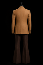 Camel toned double-breasted blazer paired with deep brown flared trouser