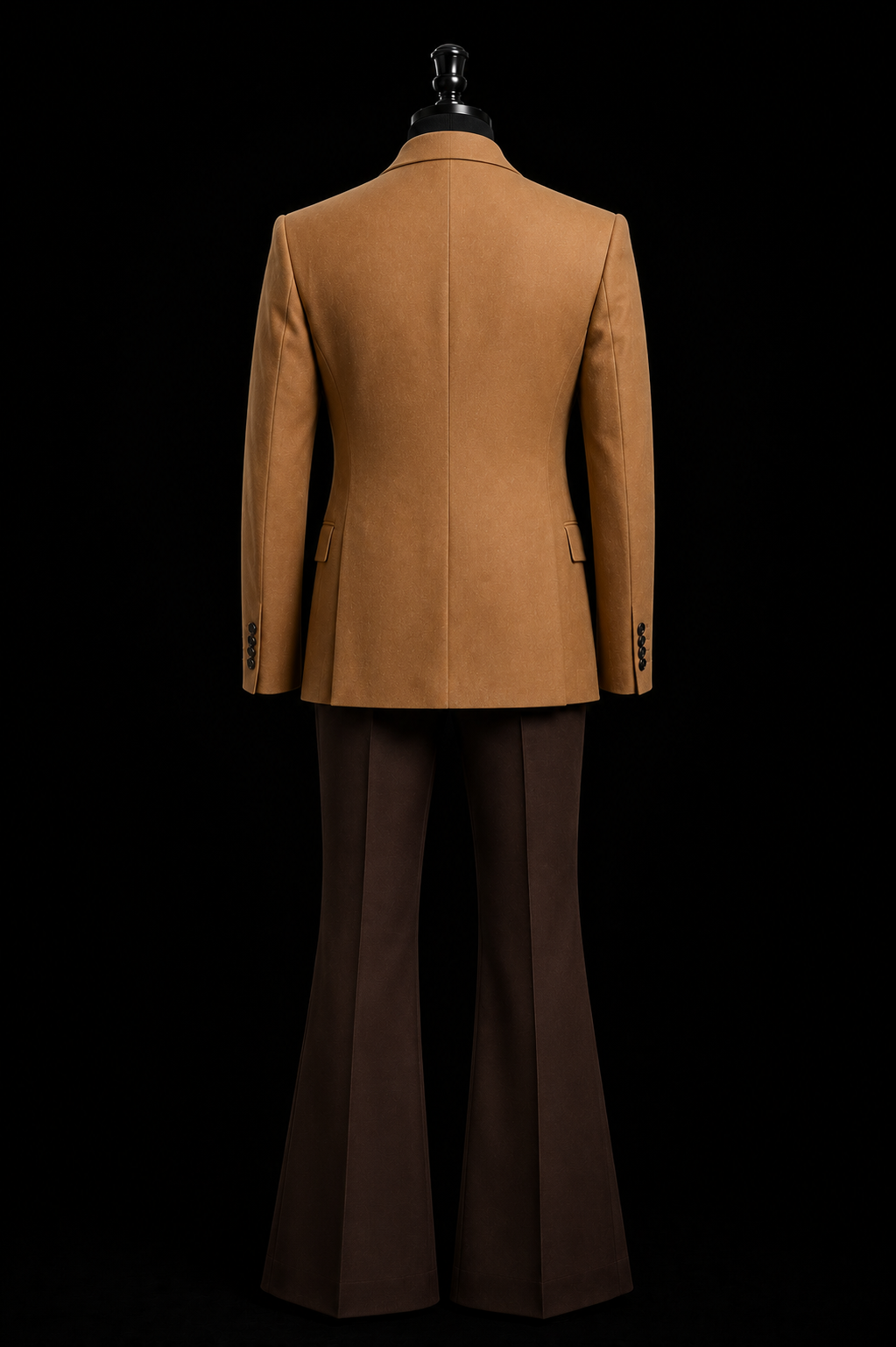 Camel toned double-breasted blazer paired with deep brown flared trouser