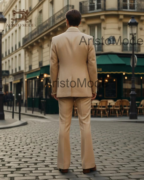 Beige Vintage Three Piece Men's Suit – Custom Tailored 70s Retro Wedding Suit