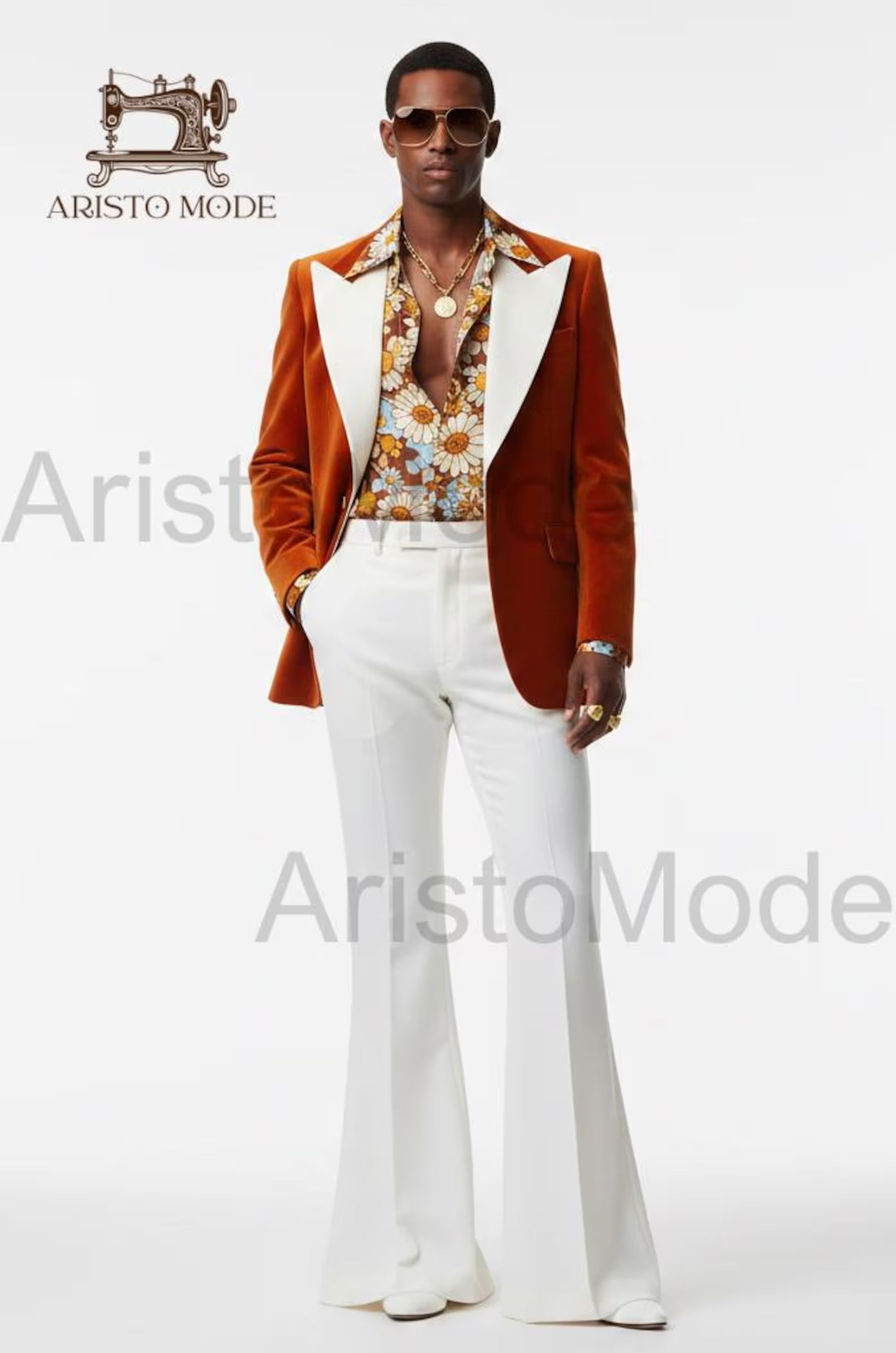 70s Disco Suit for Men, Rust Velvet Blazer with Wide Lapel, White Flared Pants