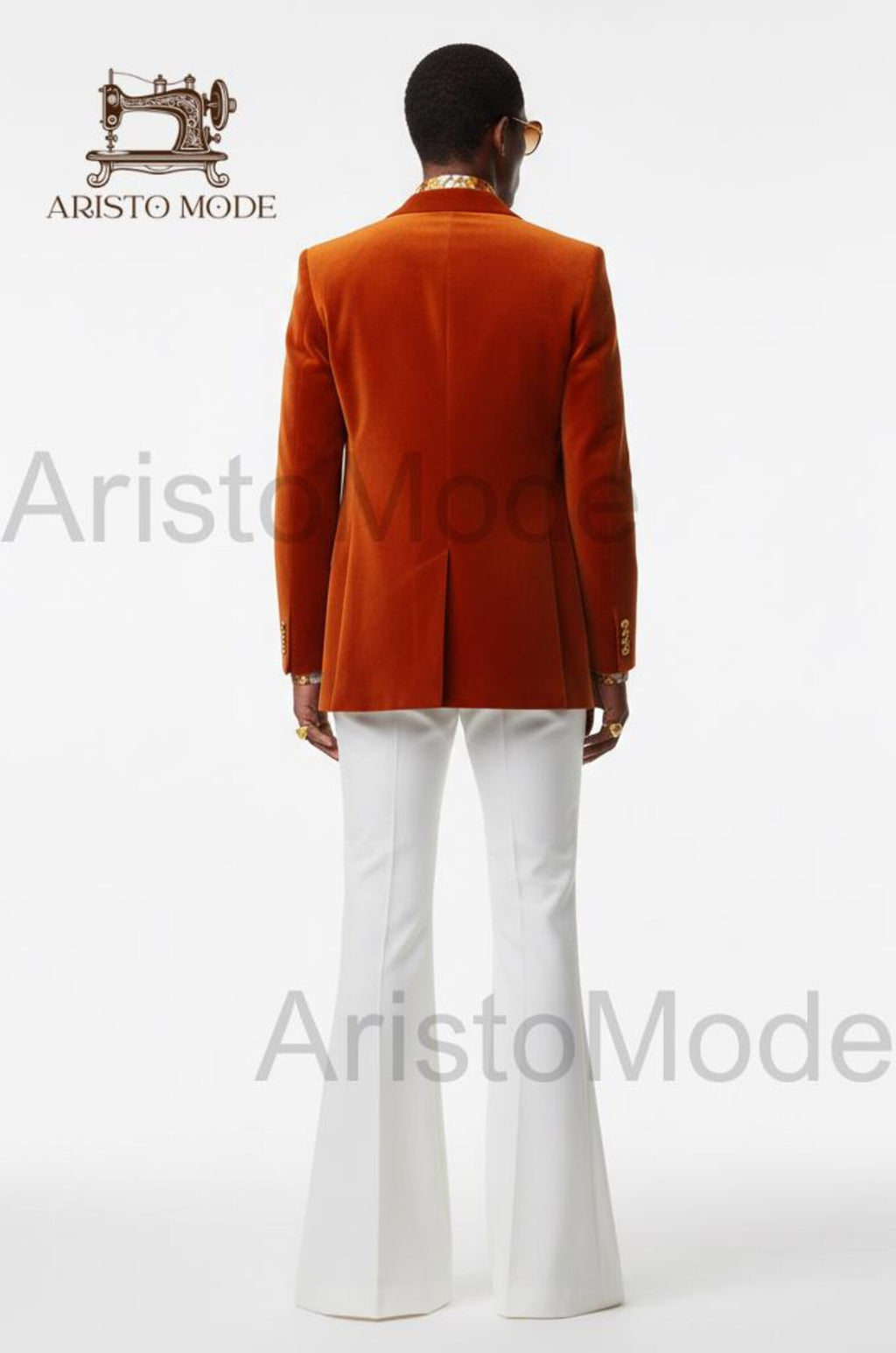 70s Disco Suit for Men, Rust Velvet Blazer with Wide Lapel, White Flared Pants