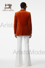 70s Disco Suit for Men, Rust Velvet Blazer with Wide Lapel, White Flared Pants