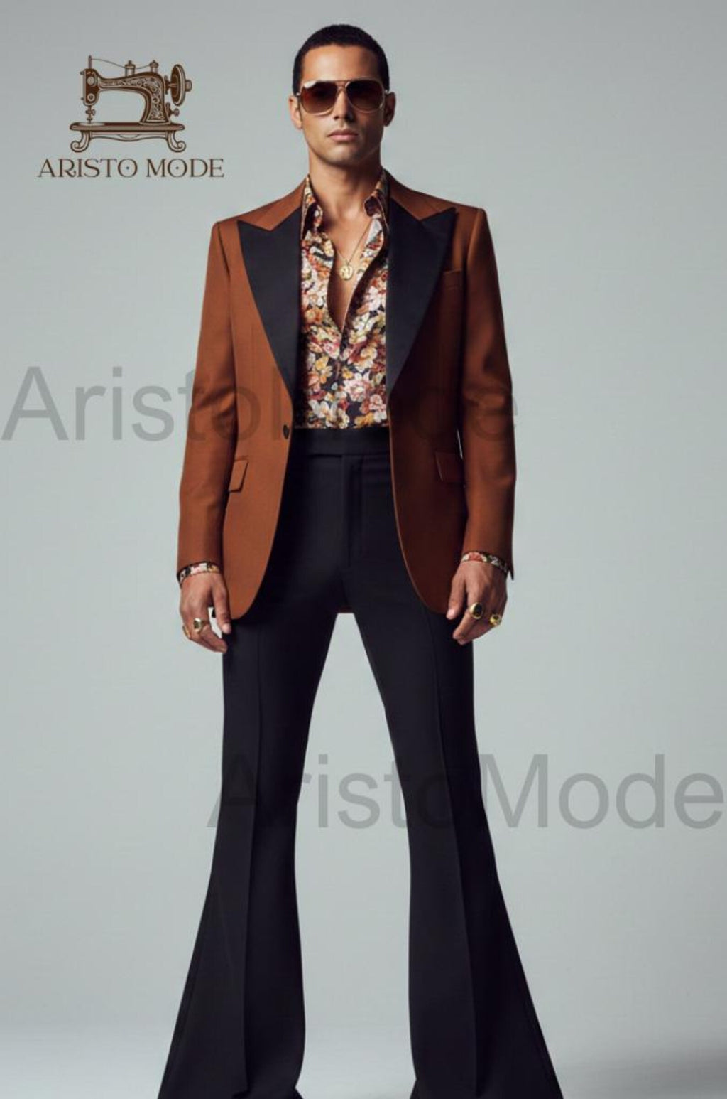 70s Disco Suit for Men, Rust Brown Tuxedo with Black Lapel, Bell Bottom Pants, Retro Wedding Groom Suit, Vintage Formal Outfit