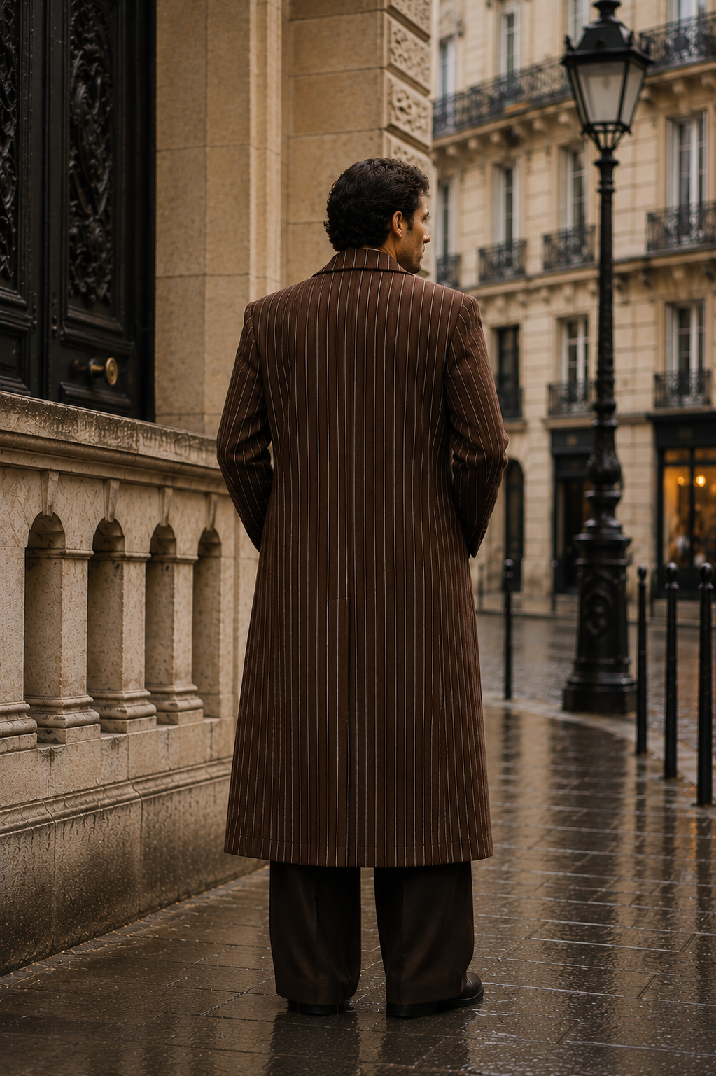 Brown Pinstripe Overcoat for Men | 1920s Double Breasted Long Coat