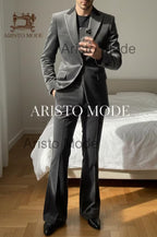 Men’s Charcoal Velvet Suit, 70s Style Flare Pants Suit