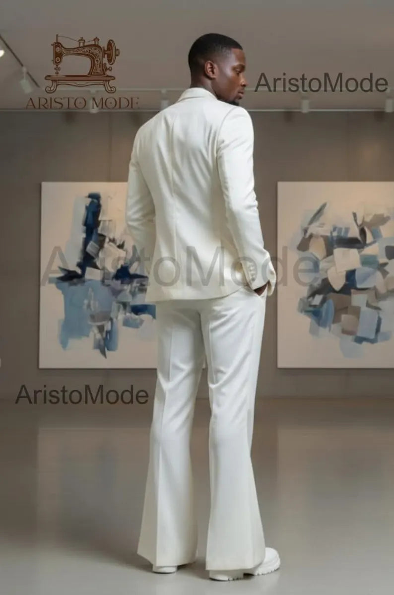 Ivory Men’s Suit, Modern Deep V Wedding Suit