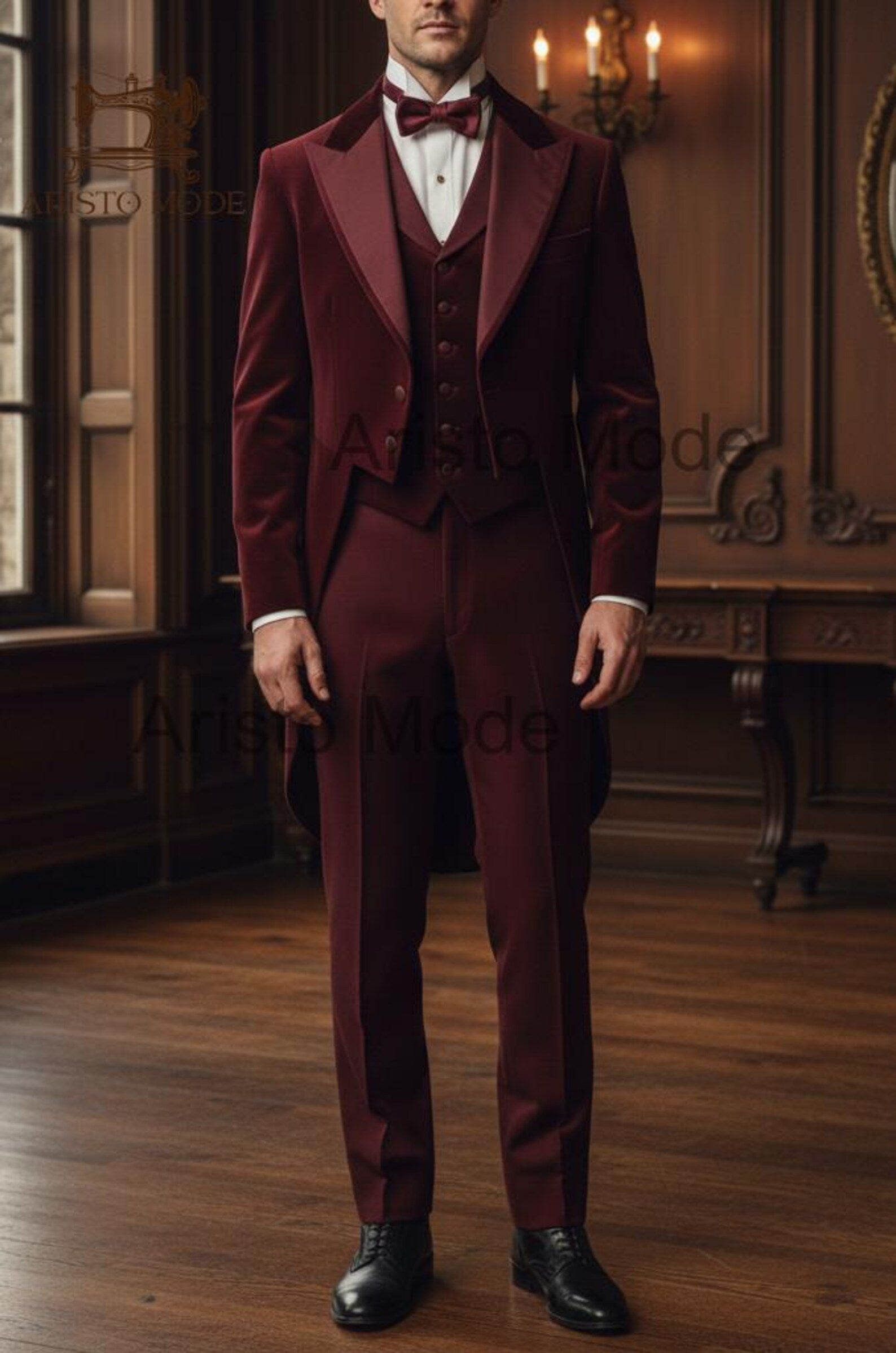 Victorian Burgundy Tailcoat Suit for Men