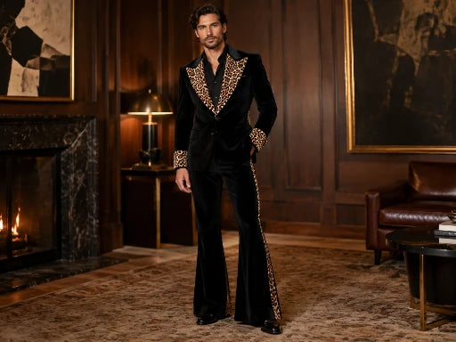 Black 70s Velvet Suit with Leopard Lapel