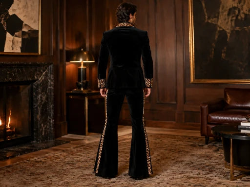 Black 70s Velvet Suit with Leopard Lapel