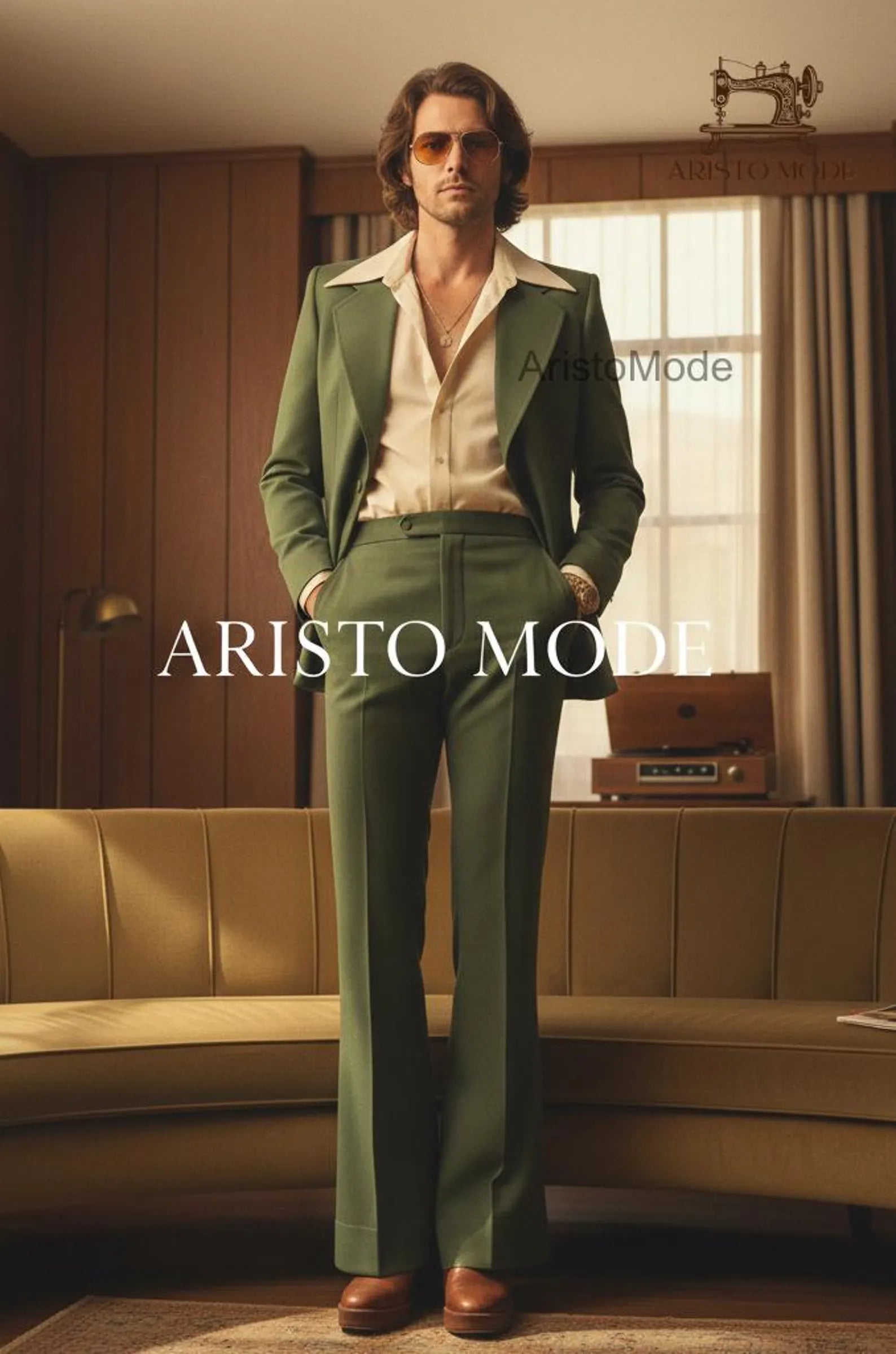 Vintage 70s Olive Green Flared Suit