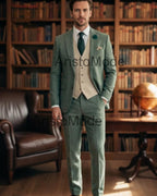 Green Linen 3 Piece Suit for Men