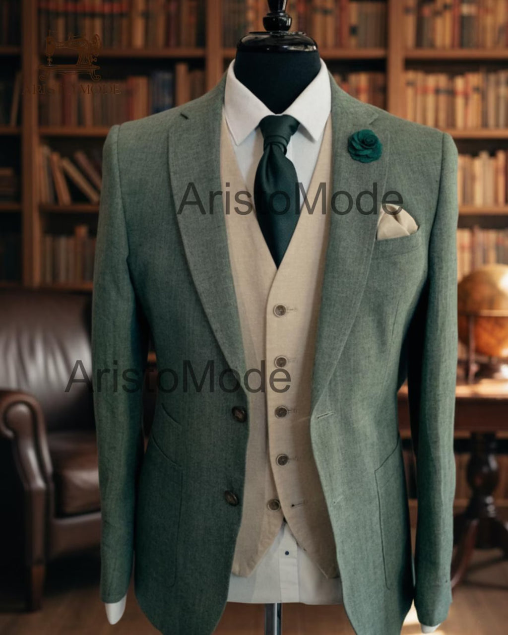 Green Linen 3 Piece Suit for Men