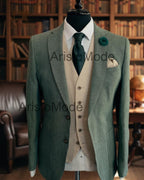 Green Linen 3 Piece Suit for Men