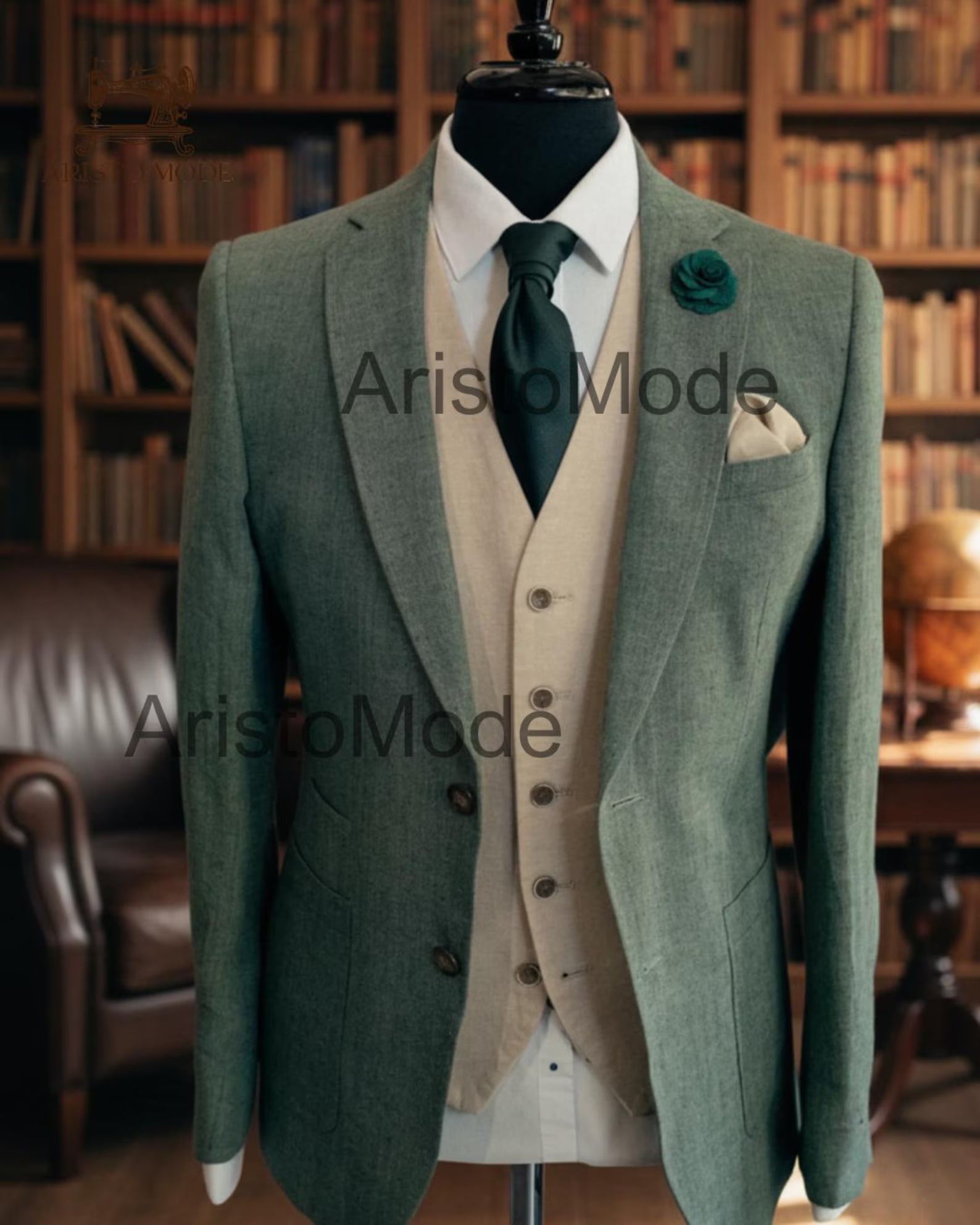 Green Linen 3 Piece Suit for Men