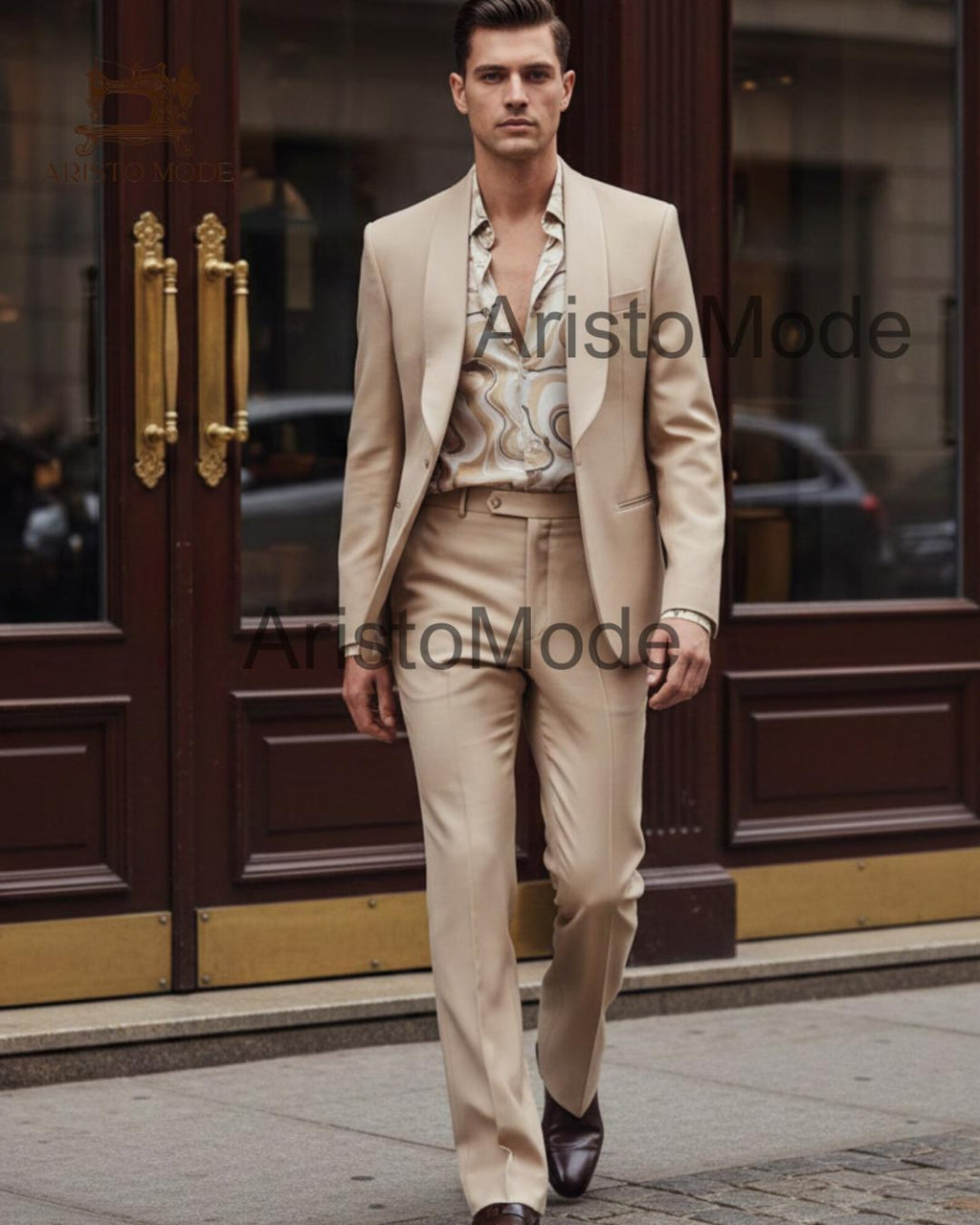 Beige Rayon Men’s Tailored Suit