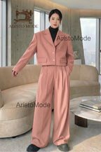 Blush Pink Suit Set | Cropped Blazer, Wide Leg Pants